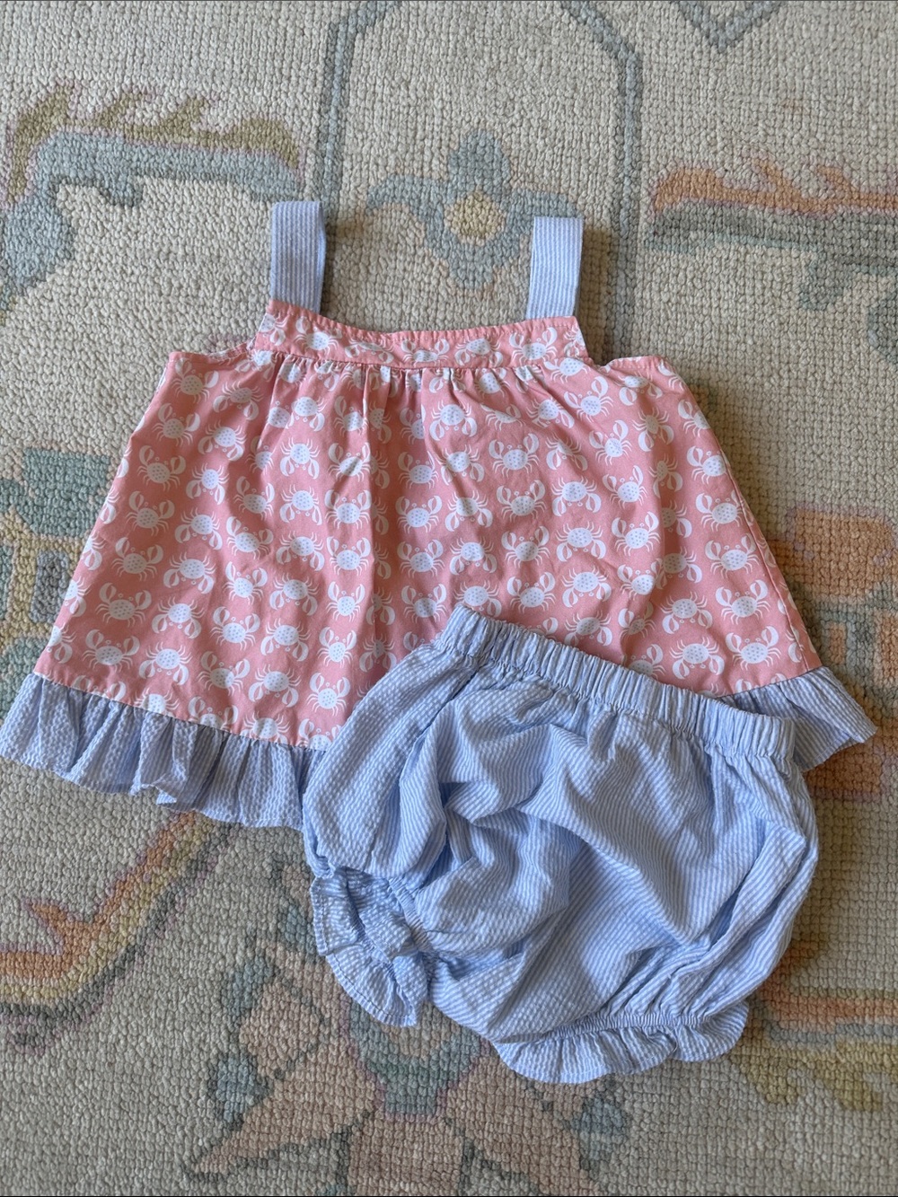 Pink Crab-Print Tank with Blue Striped Diaper Bloomers